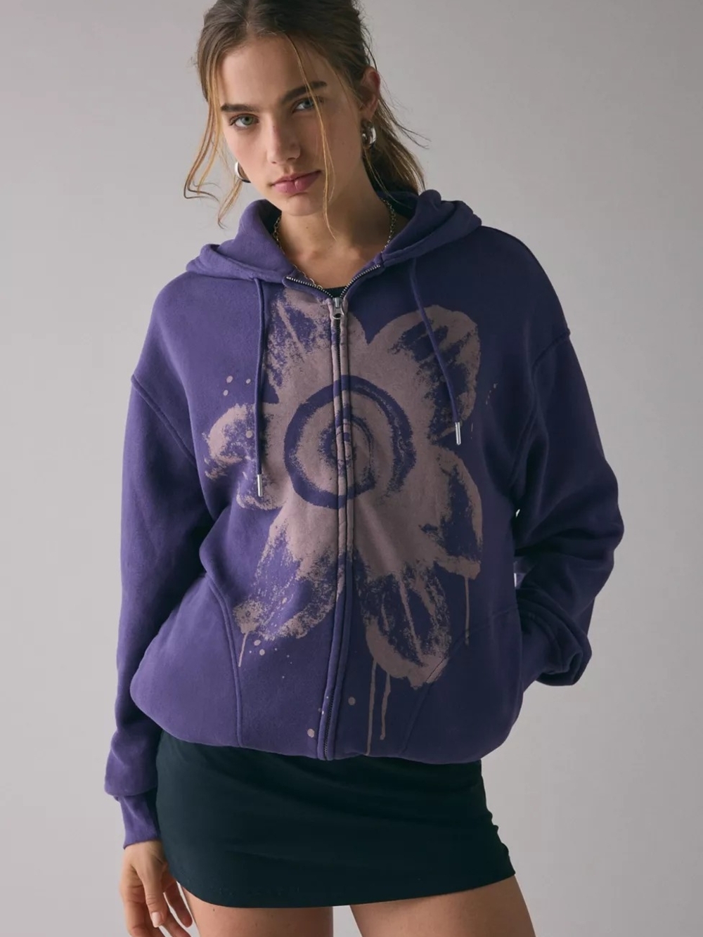 BDG Dusty Bleached Flower Graphic Oversized Zip-Up Hoodie Sweatshirt
